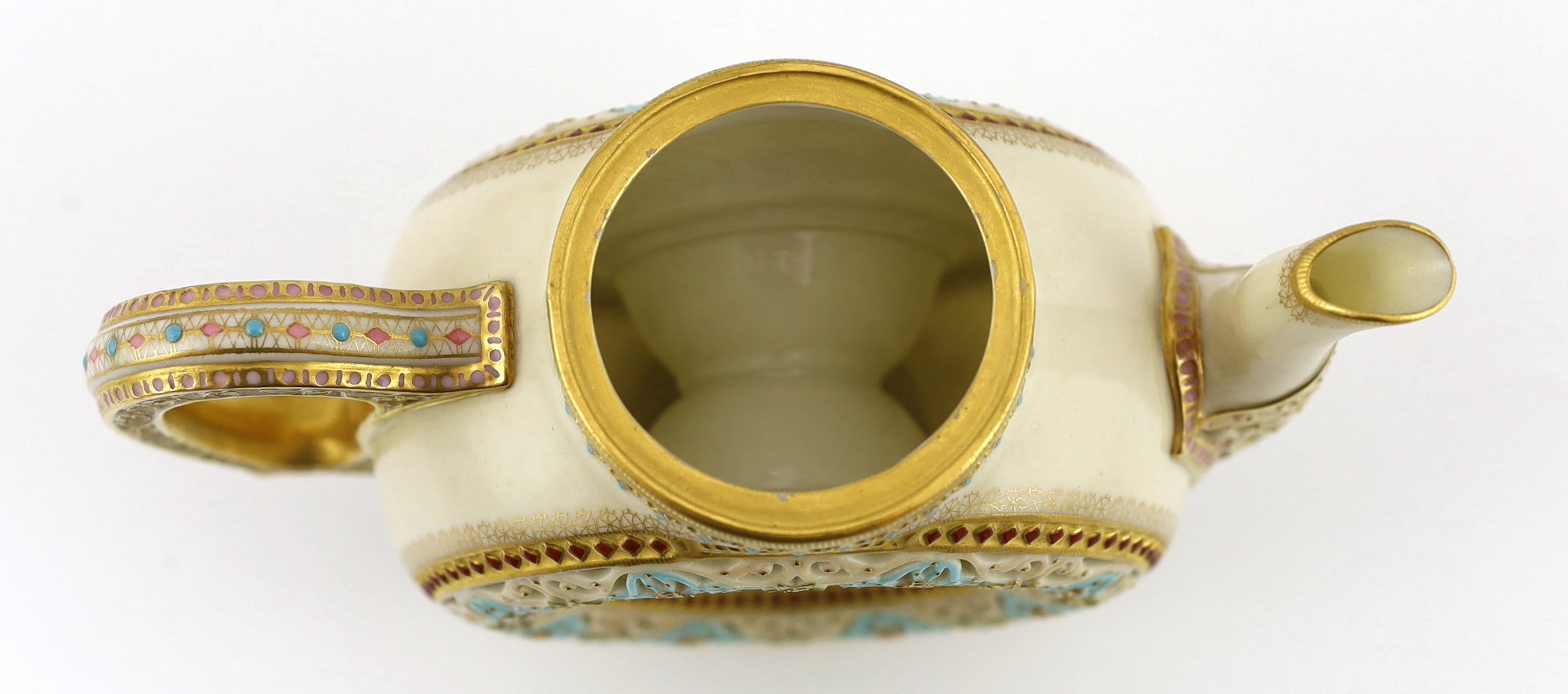 A fine and rare Royal Worcester reticulated teapot and cover, designed by George Owen, c.1881